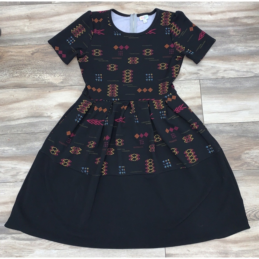 LuLaRoe Amelia Dress Large Black Multicolor Aztec Geometric Fit Flare Pockets